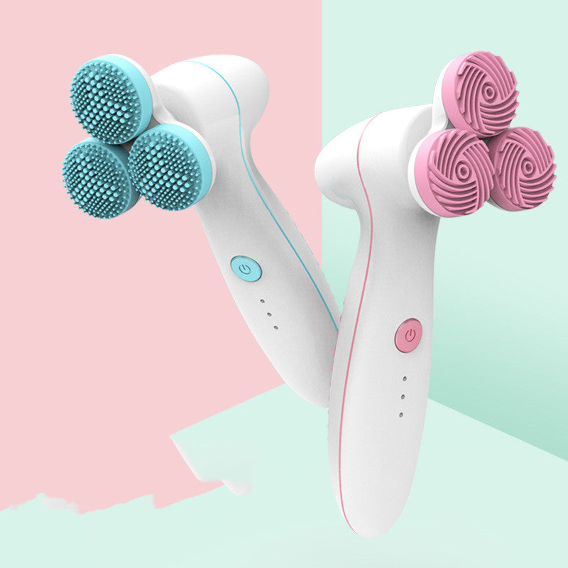 Two DeepGlow™ 3D facial cleansing brushes in blue and pink, designed for effective skin cleansing and massage.