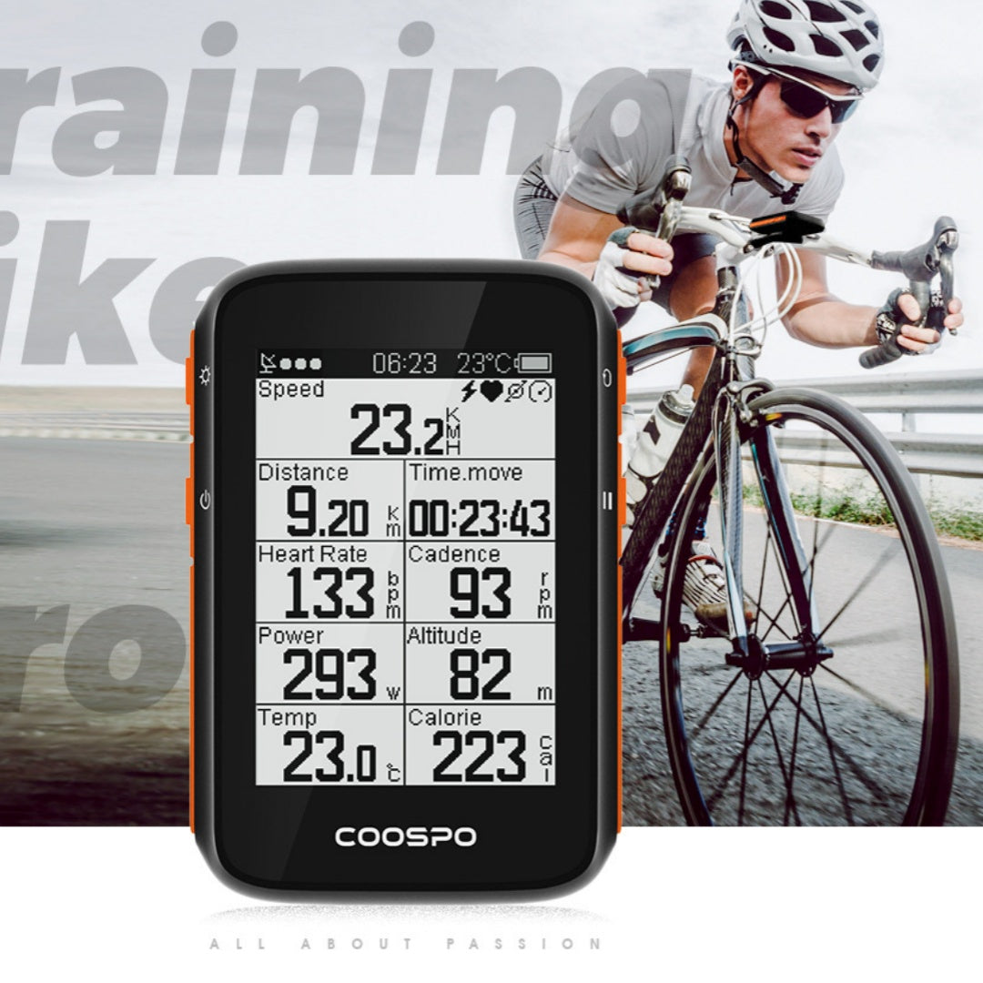 Cycling computer with a cyclist in the background on a road