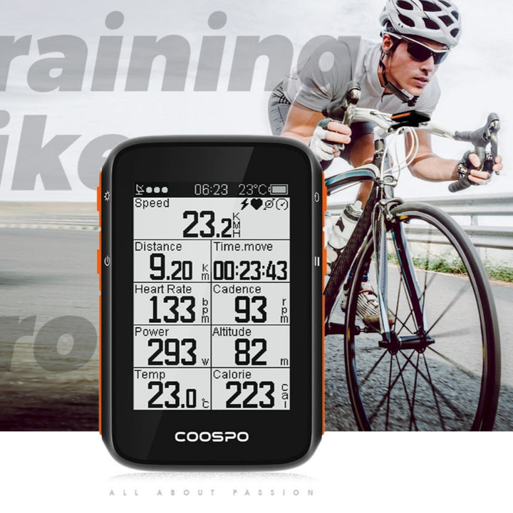 Cycling computer with a cyclist in the background on a road